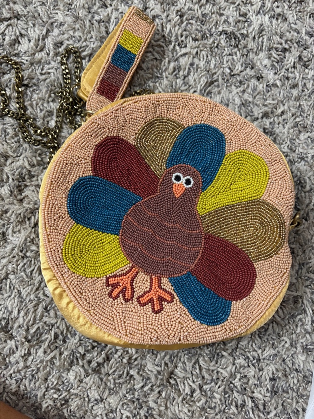 Beaded Turkey Crossbody Bag in Peach with Multicolor Feathers